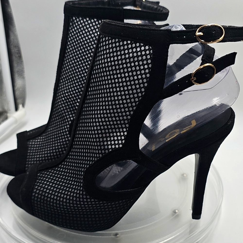 G F5J Black Mesh Heels stunning elegant posh nightlife golden buckle ankle boot